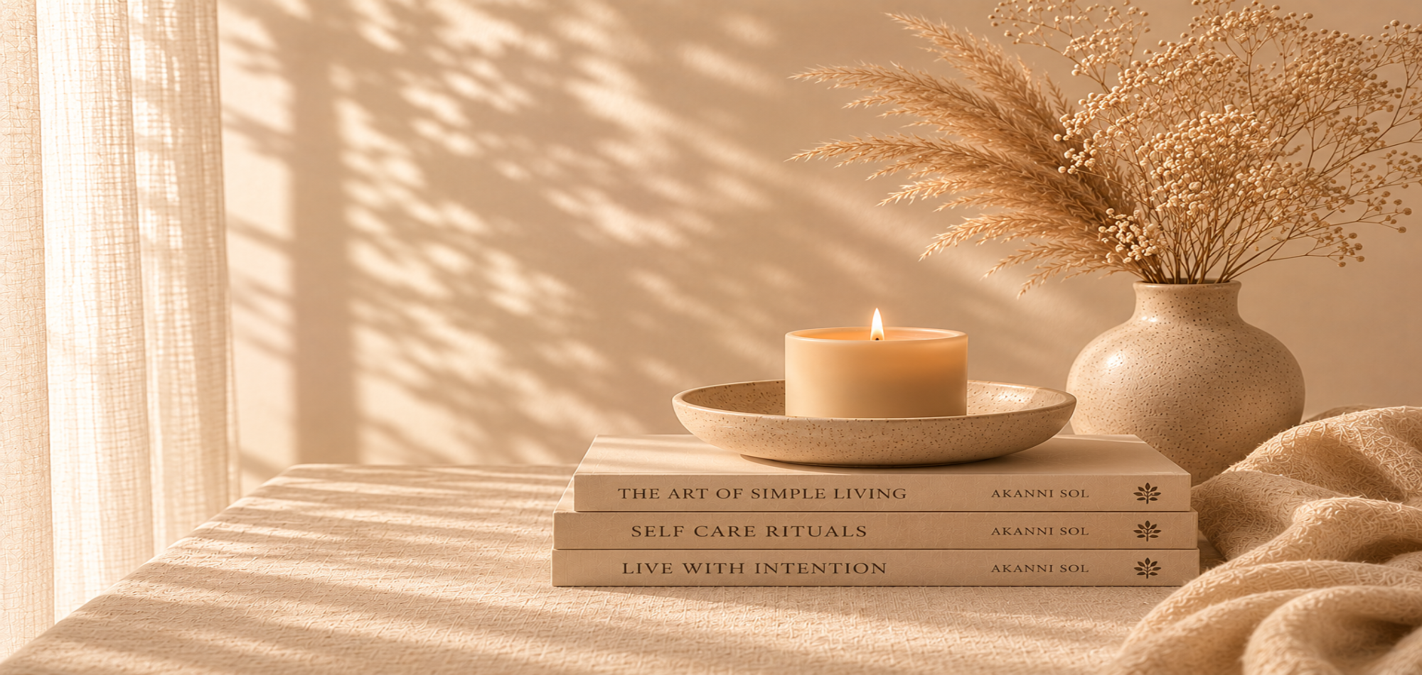 Candle on books with a vase of dried flowers and soft lighting